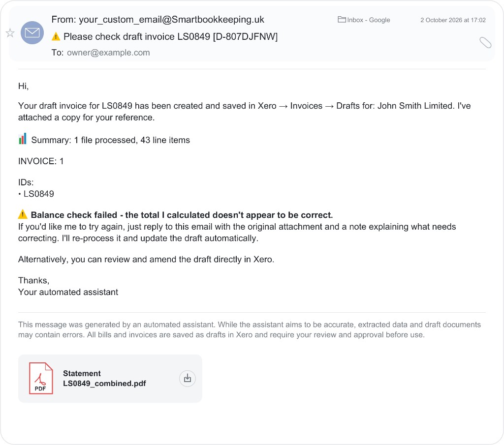 Example confirmation email: draft invoice created in Xero with a balance check failed warning, and options to reply with a correction or edit the draft in Xero.