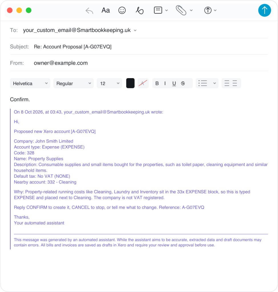 Example reply Confirm to create the account.