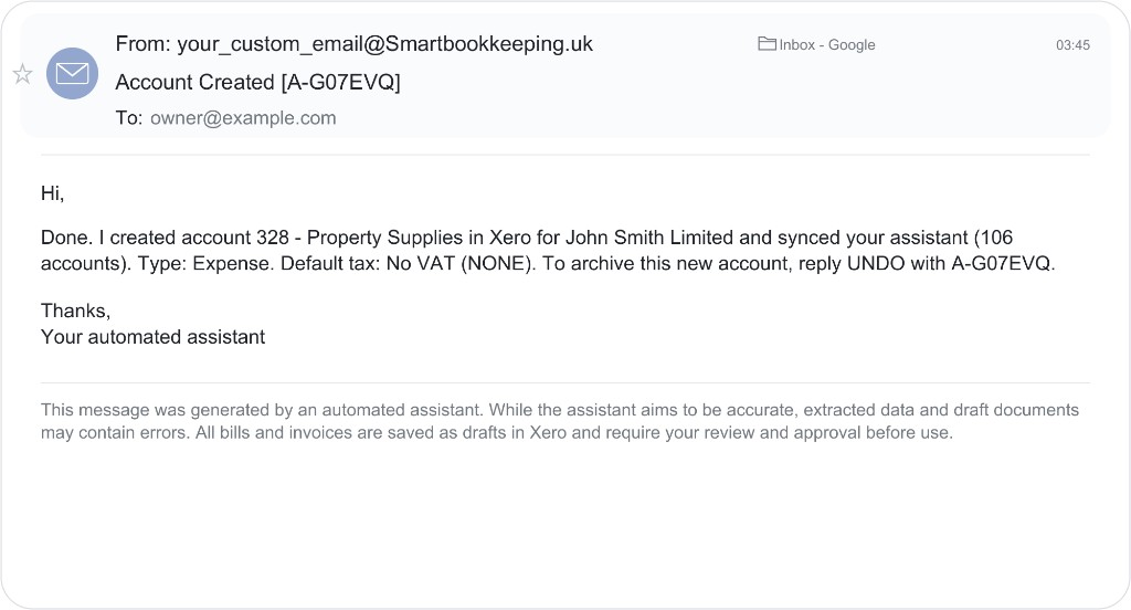 Example email confirming the chart-of-accounts entry was created in Xero.