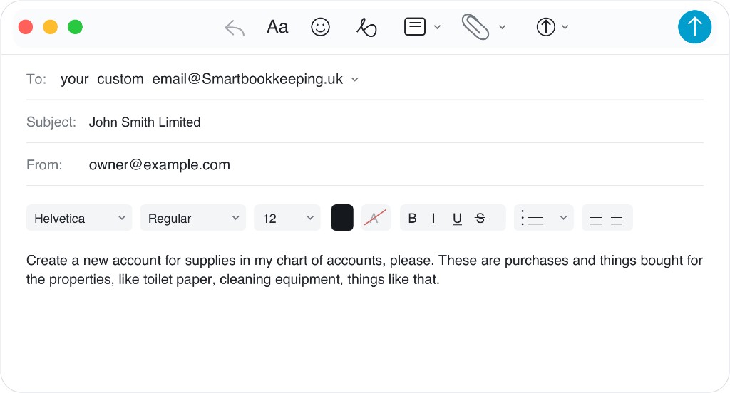 Example email asking to create a new supplies chart-of-accounts code.