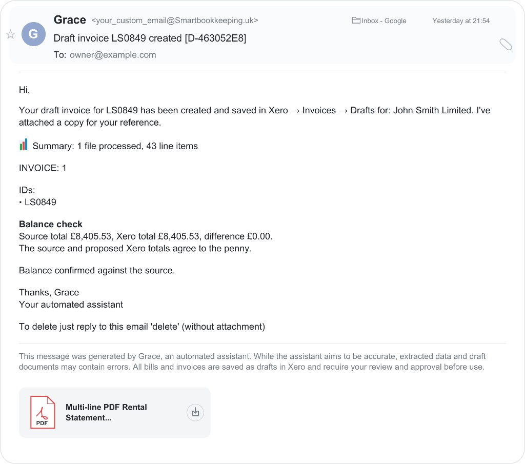 Example confirmation email: draft created in Xero, summary of files and line items, balance check, and reply delete to remove the draft.