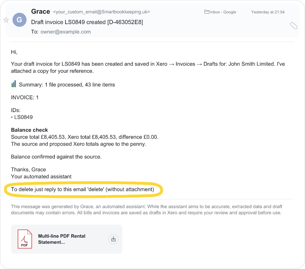 Example confirmation email with the instruction to delete by replying delete without an attachment highlighted.