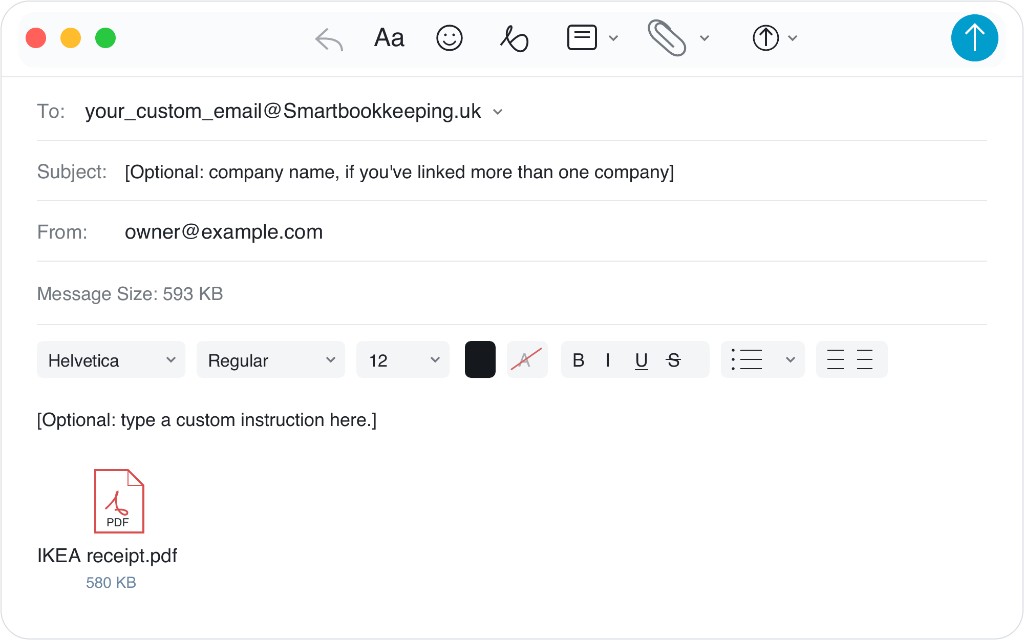 Example email to your Smart Bookkeeping address with an IKEA receipt PDF attached and optional company name and instructions.