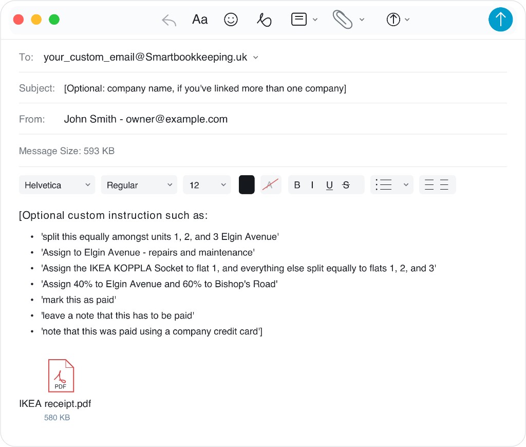 Example email to your Smart Bookkeeping address with an IKEA receipt attached and optional instructions for splits, property tracking, named line items, and paid notes.