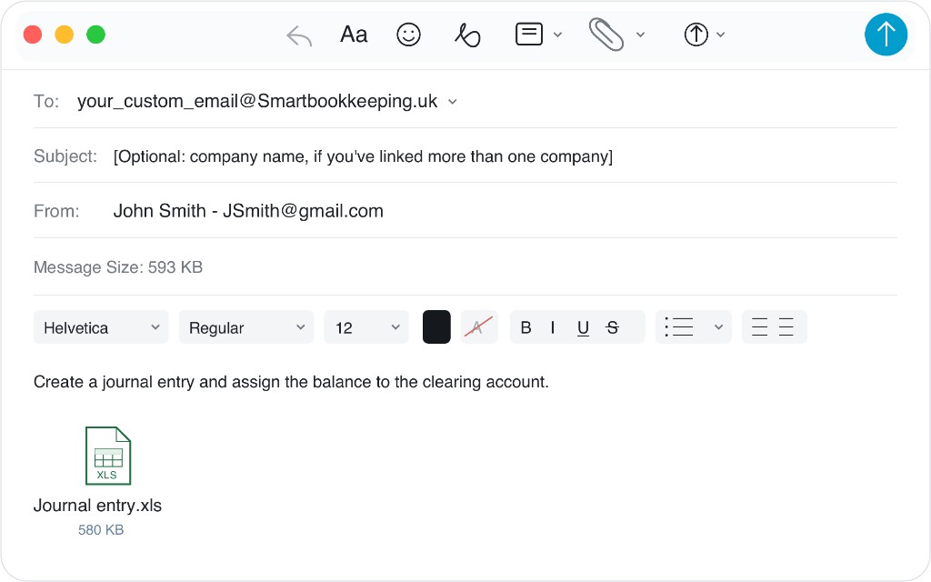 Example email asking to create a journal entry and assign the balance to the clearing account, with a Journal entry.xls attachment.