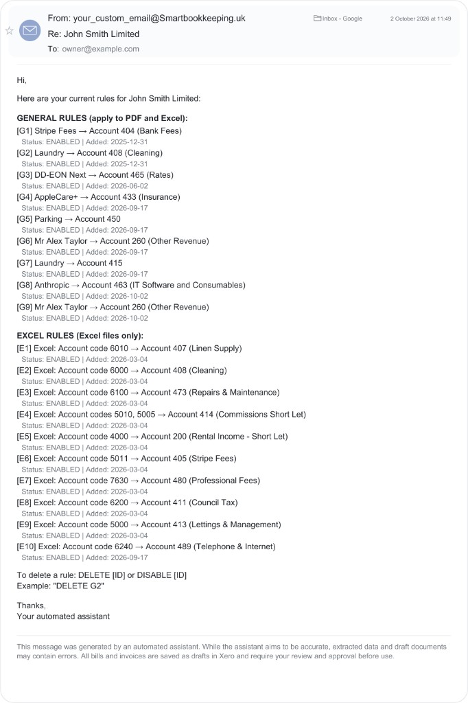 Example email listing General rules and Excel rules for a company, with IDs such as G1 and E1, and instructions to DELETE or DISABLE by ID.