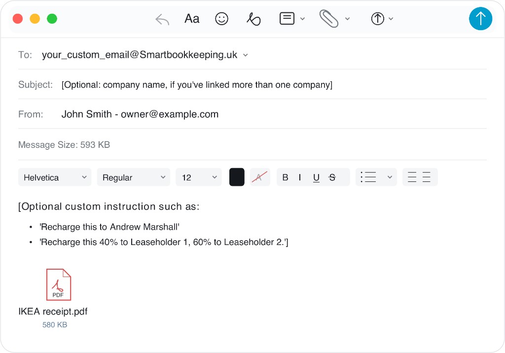 Example email to your Smart Bookkeeping address with a receipt attached and optional recharge instructions for one person or a percentage split.
