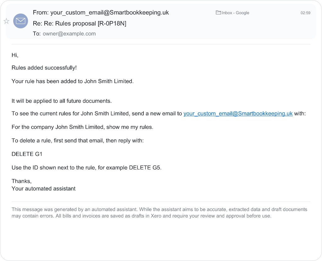 Example email confirming rules were added successfully and will apply to future documents.