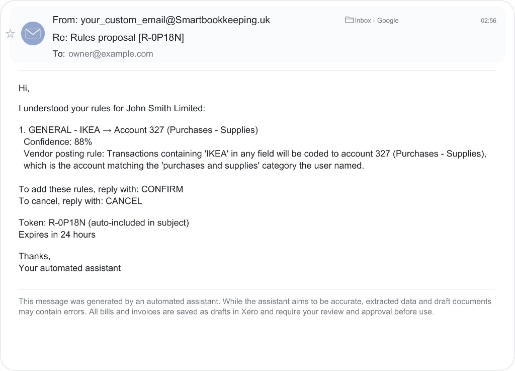 Example rules proposal: IKEA maps to account 327 Purchases - Supplies, with CONFIRM or CANCEL.