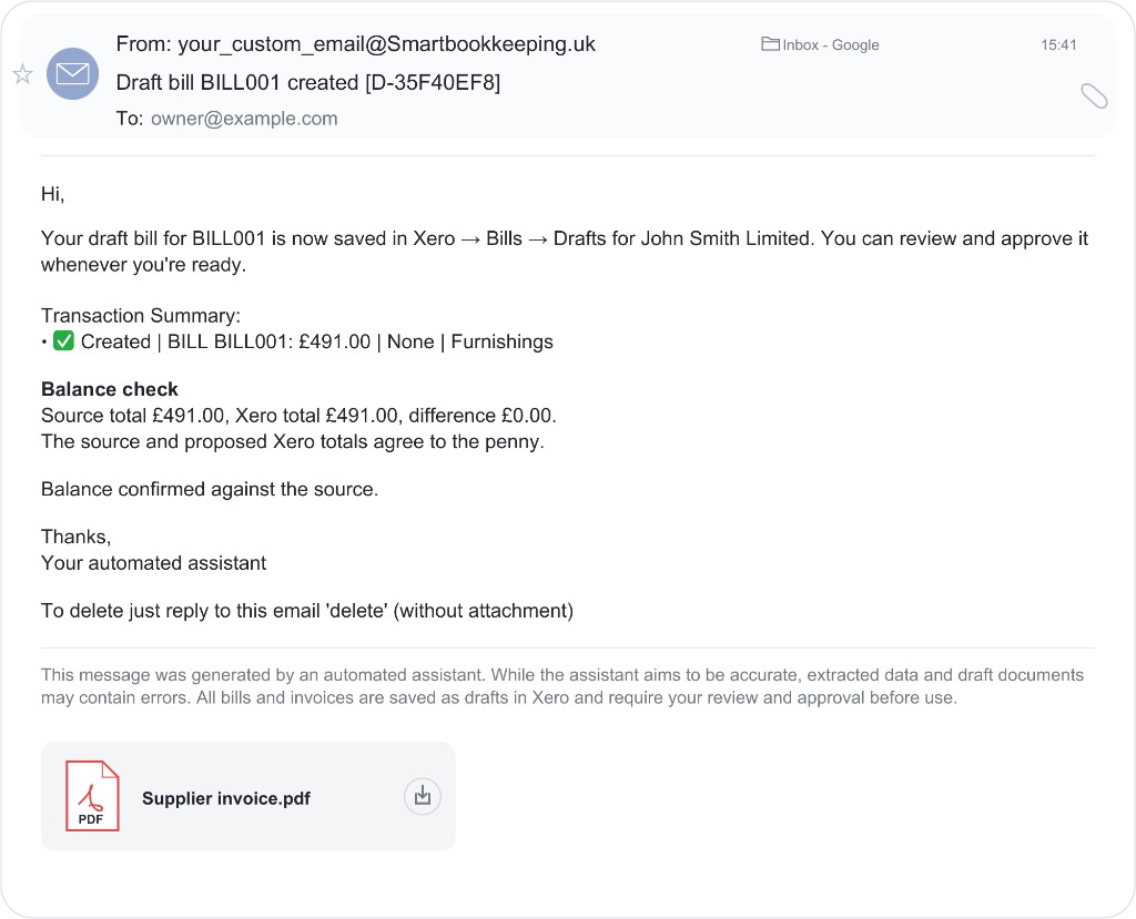 A Smart Bookkeeping reply confirming that draft bill BILL001 was created in Xero for John Smith Limited, with the original supplier invoice attached.