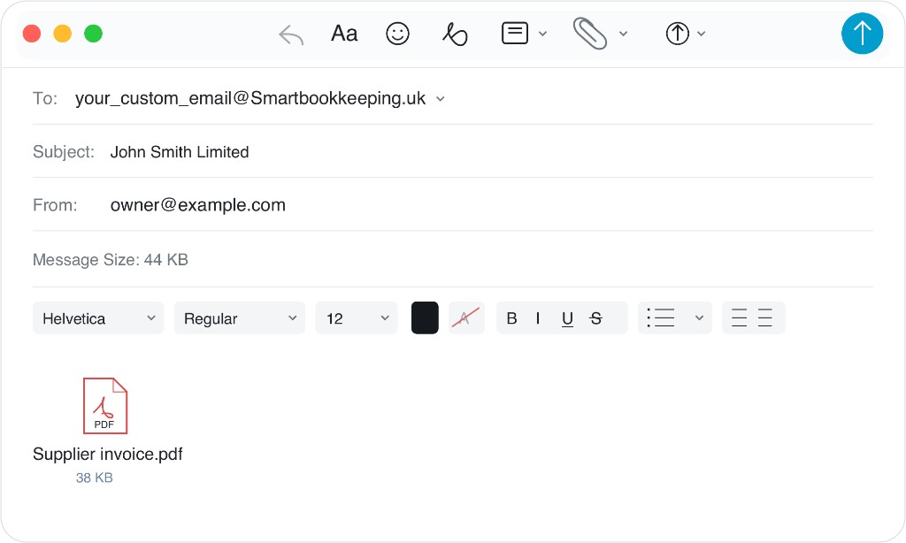 An email addressed to a Smart Bookkeeping assistant, with John Smith Limited in the subject and a supplier invoice PDF attached.